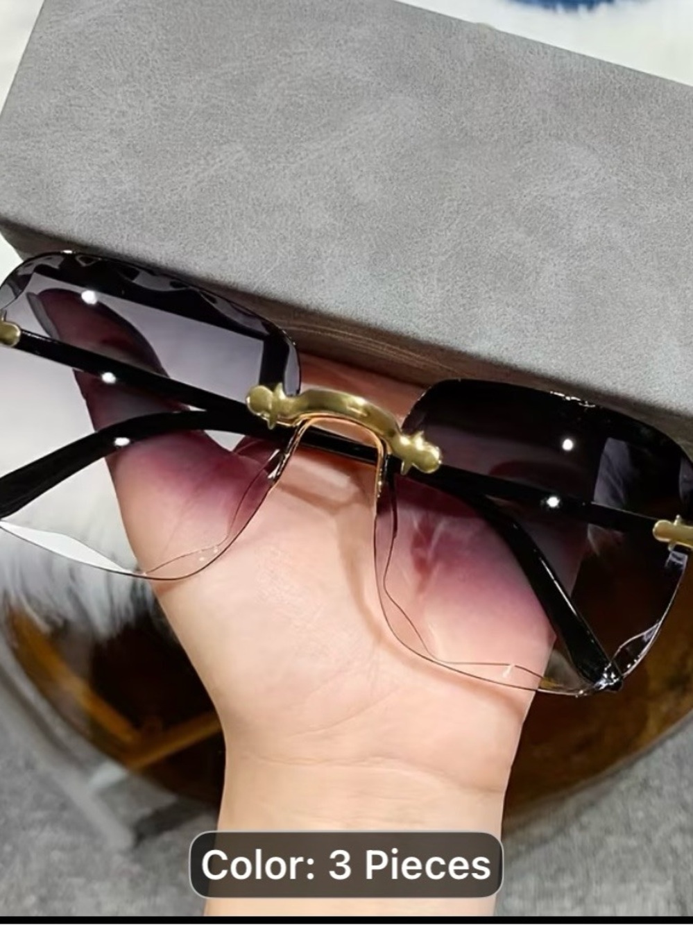 Three-Piece Rimless Gradient Sunglasses Set - Brown, Pink, Black - Picture 4 of 8